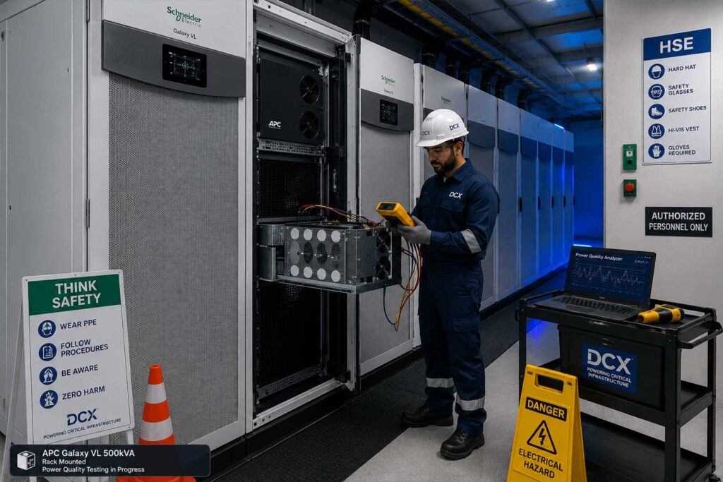 DCXPERTS engineer performing power quality testing on APC Galaxy VL 500kVA UPS system using professional diagnostic equipment with PPE and HSE compliance in a mission-critical facility."