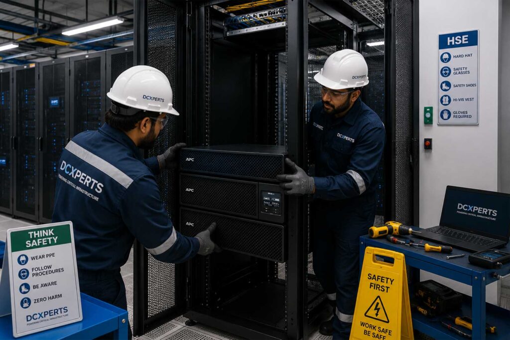 DCXPERTS engineers rack mounting APC UPS systems inside a data center network rack using PPE safety equipment during critical power infrastructure deployment and commissioning.
