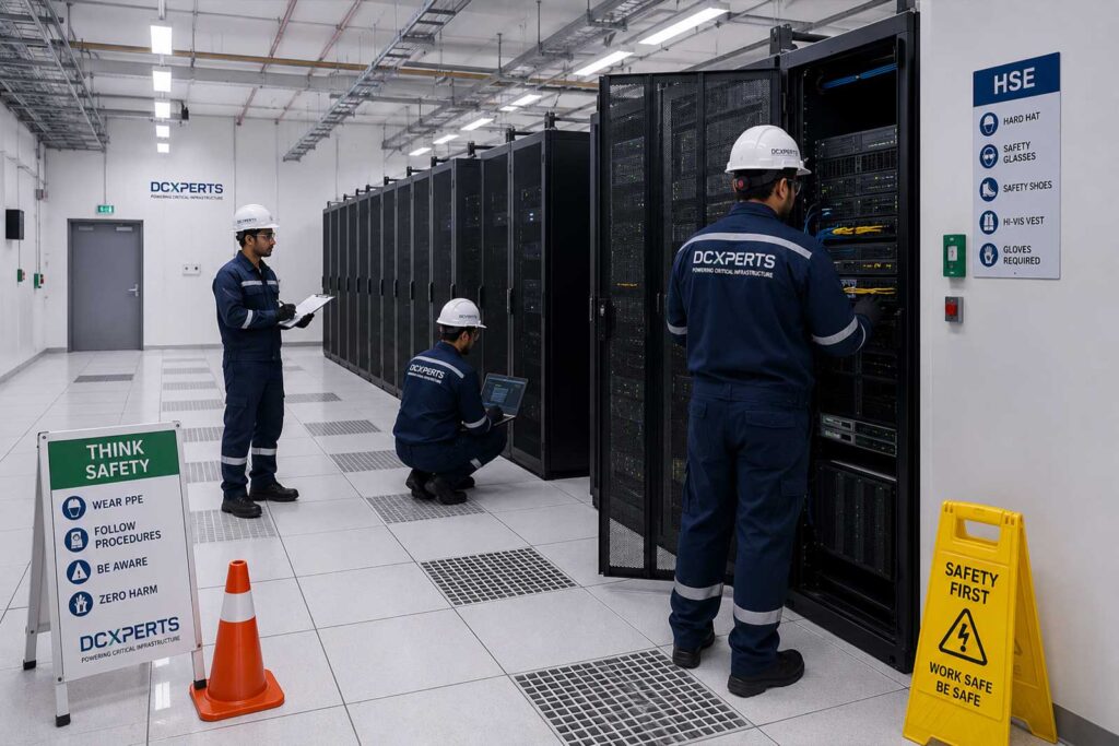 DCXPERTS engineers performing data center white space inspection with PPE safety equipment, server racks, HSE compliance and mission-critical infrastructure maintenance.