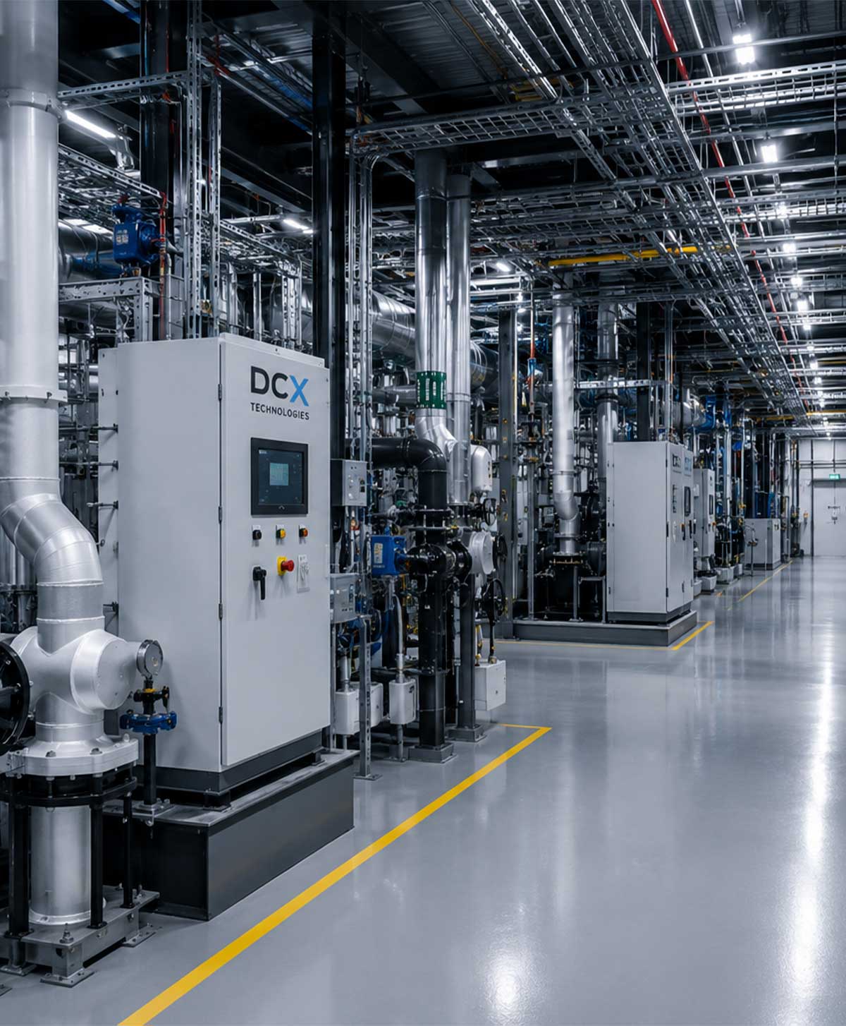 Industrial infrastructure corridor with mission-critical mechanical systems, cooling pipelines, electrical distribution panels and DCX Technologies control equipment in a modern high-availability facility.