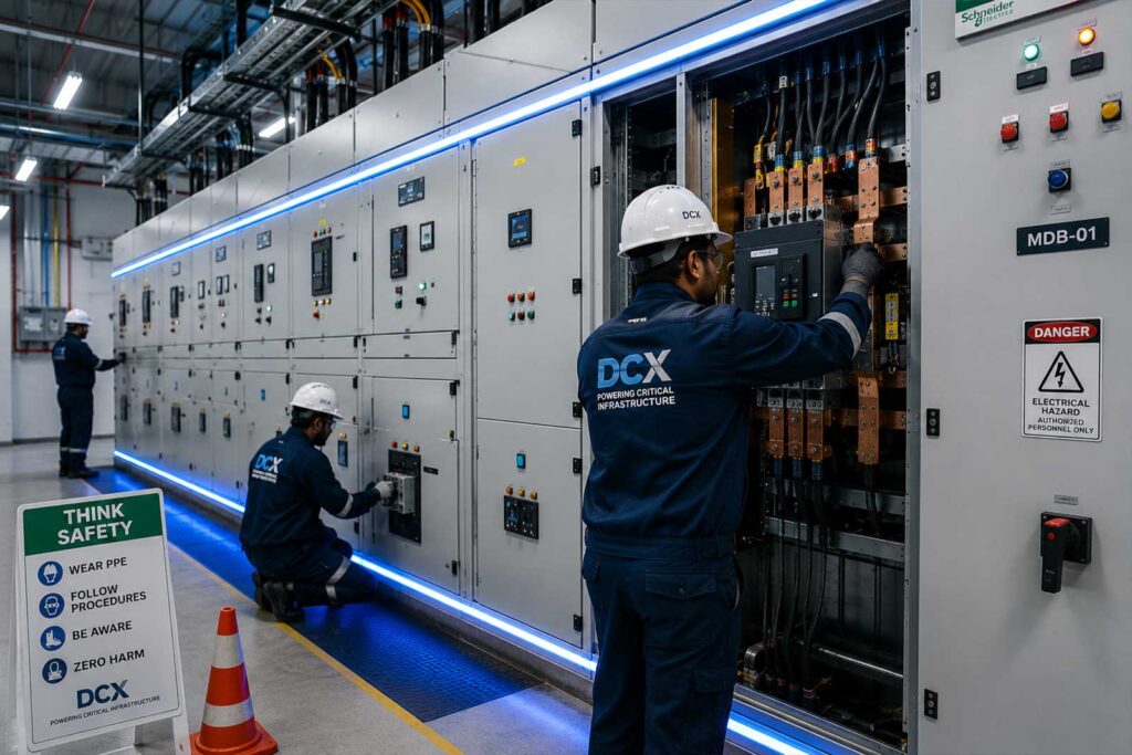 DCXPERTS engineers installing and commissioning main electrical distribution boards (MDB), LV switchgear and power infrastructure with PPE, HSE compliance and operational safety controls.