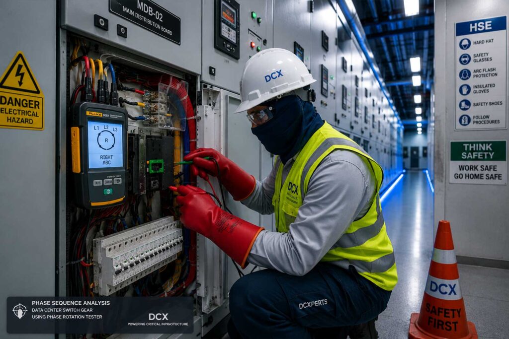 Phase sequence testing of electrical distribution panel by DCXPERTS engineer using Fluke test equipment and insulated PPE safety gear.