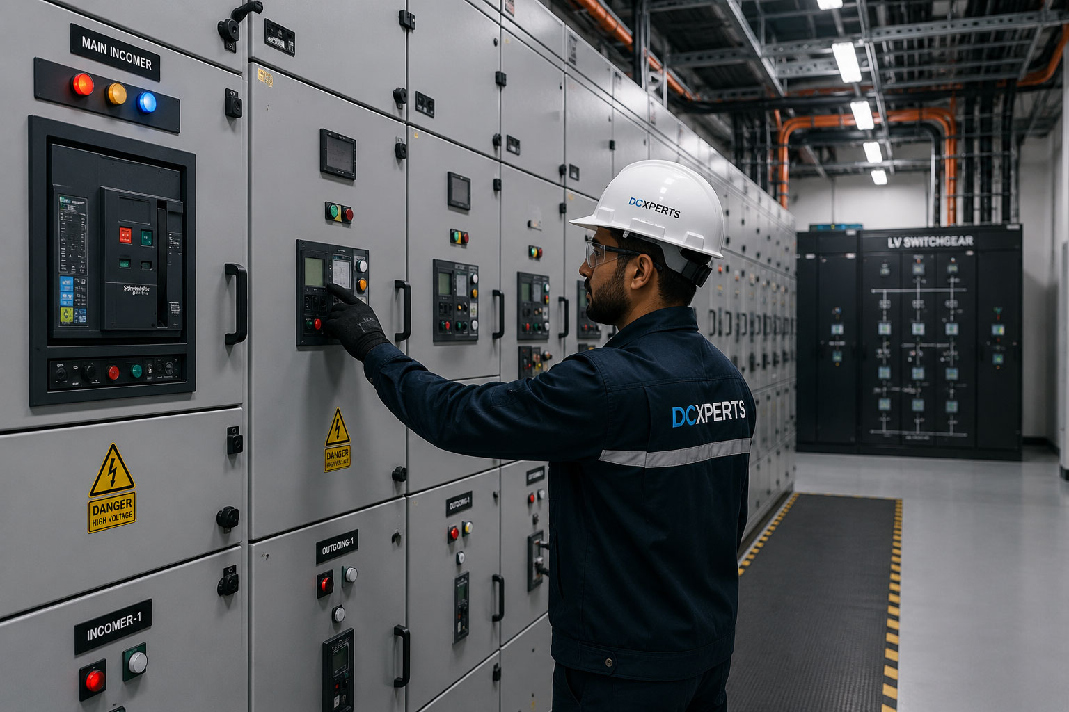 Engineers inspecting mission-critical data center infrastructure and enterprise server systems for operational continuity and AI-ready environments.