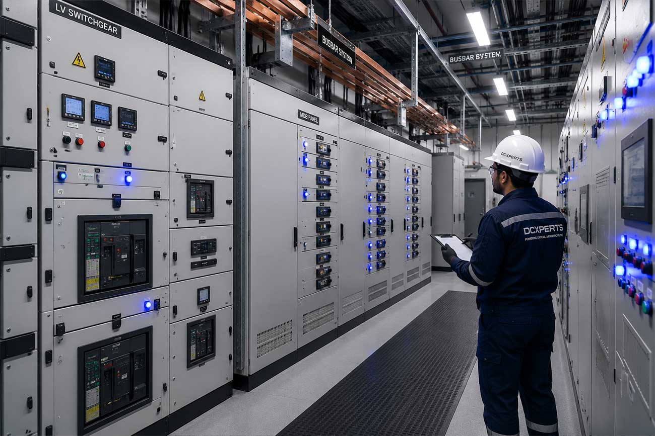 LV switchgear, MDB panels and busbar systems in a mission-critical electrical room inspected by DCXPERTS engineers