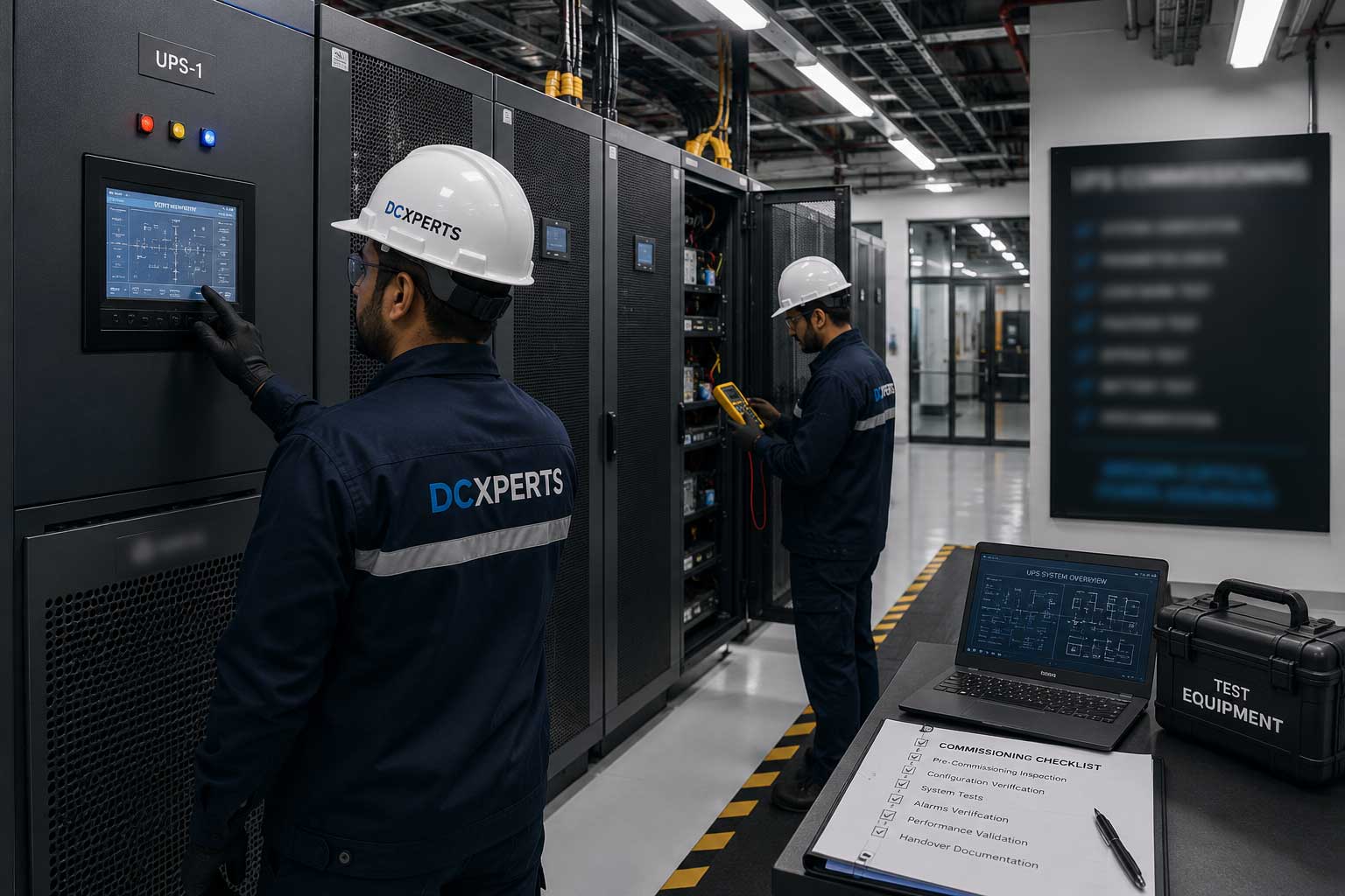 Enterprise UPS commissioning room with engineers testing critical power systems, battery backup infrastructure and electrical resilience for data center operations in the UAE.
