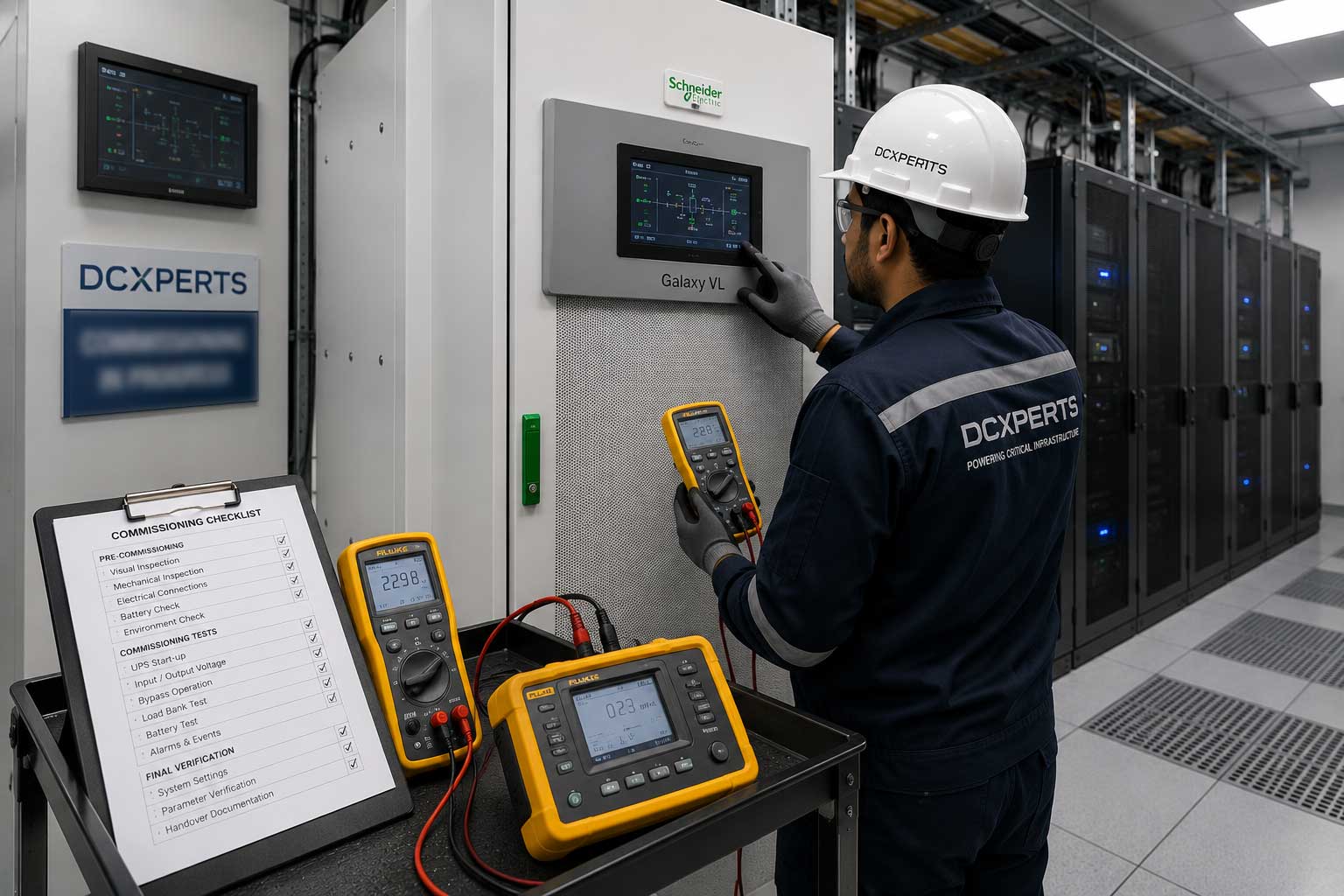 UPS engineer performing commissioning and testing of Schneider Electric UPS systems using Fluke test instruments in a mission-critical facility