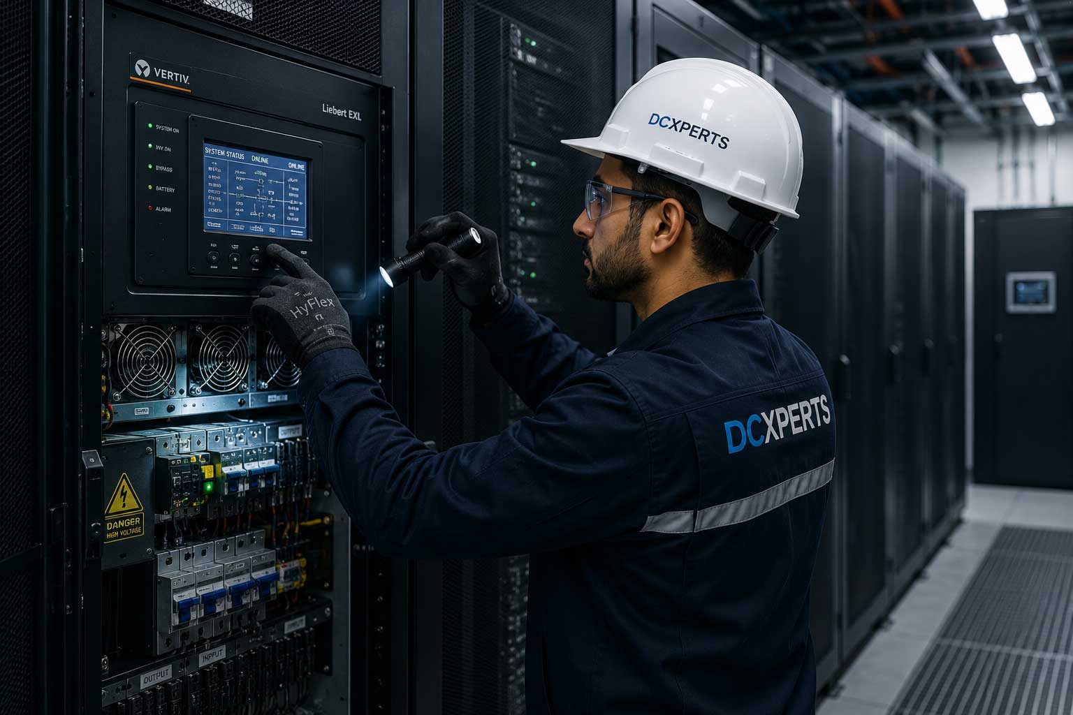 UPS inspection engineer performing preventive maintenance on mission-critical power infrastructure inside a hyperscale data center in Dubai UAE.