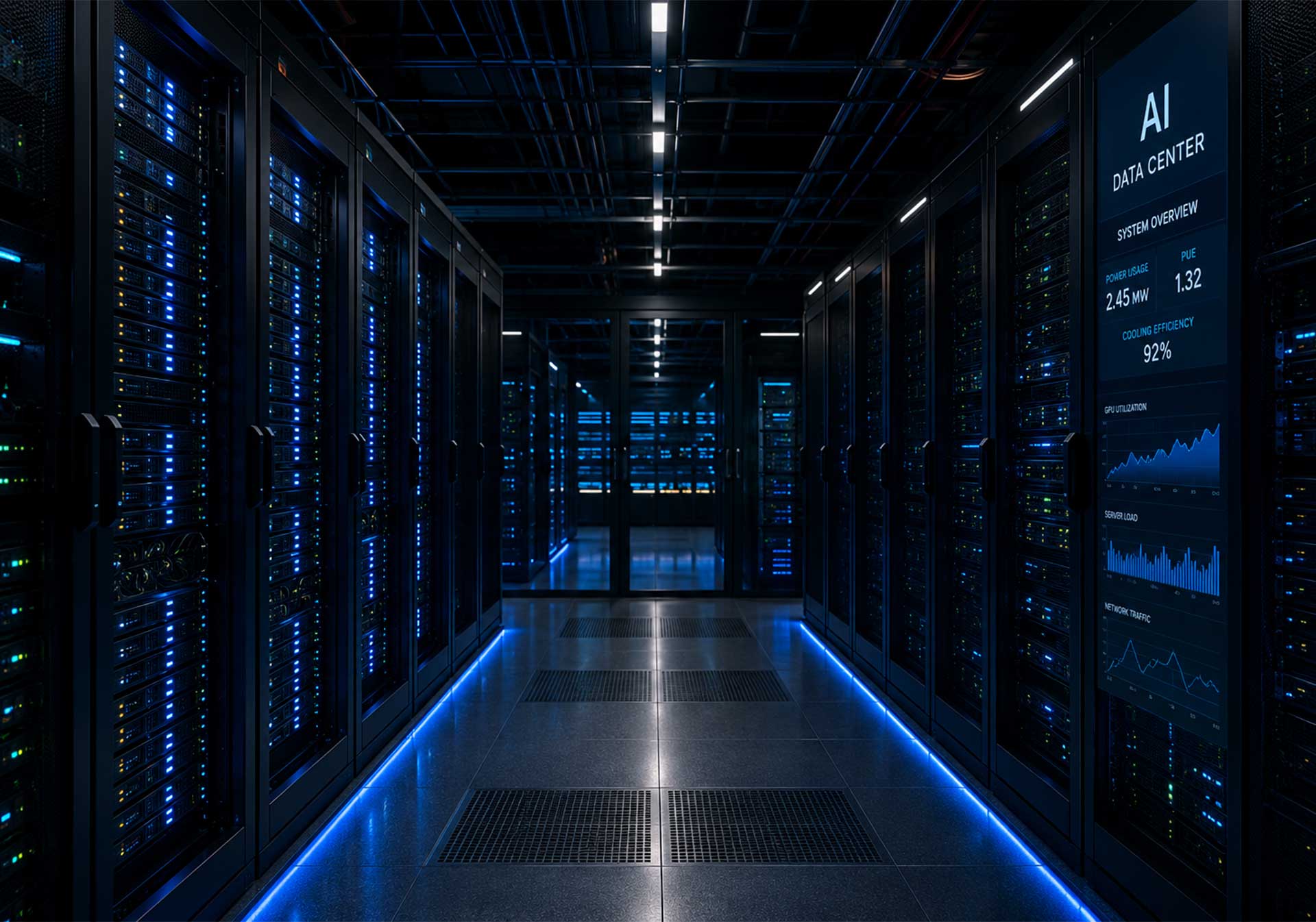 AI-powered mission-critical data center environment with high-density server racks, intelligent cooling systems, and enterprise infrastructure monitoring displays