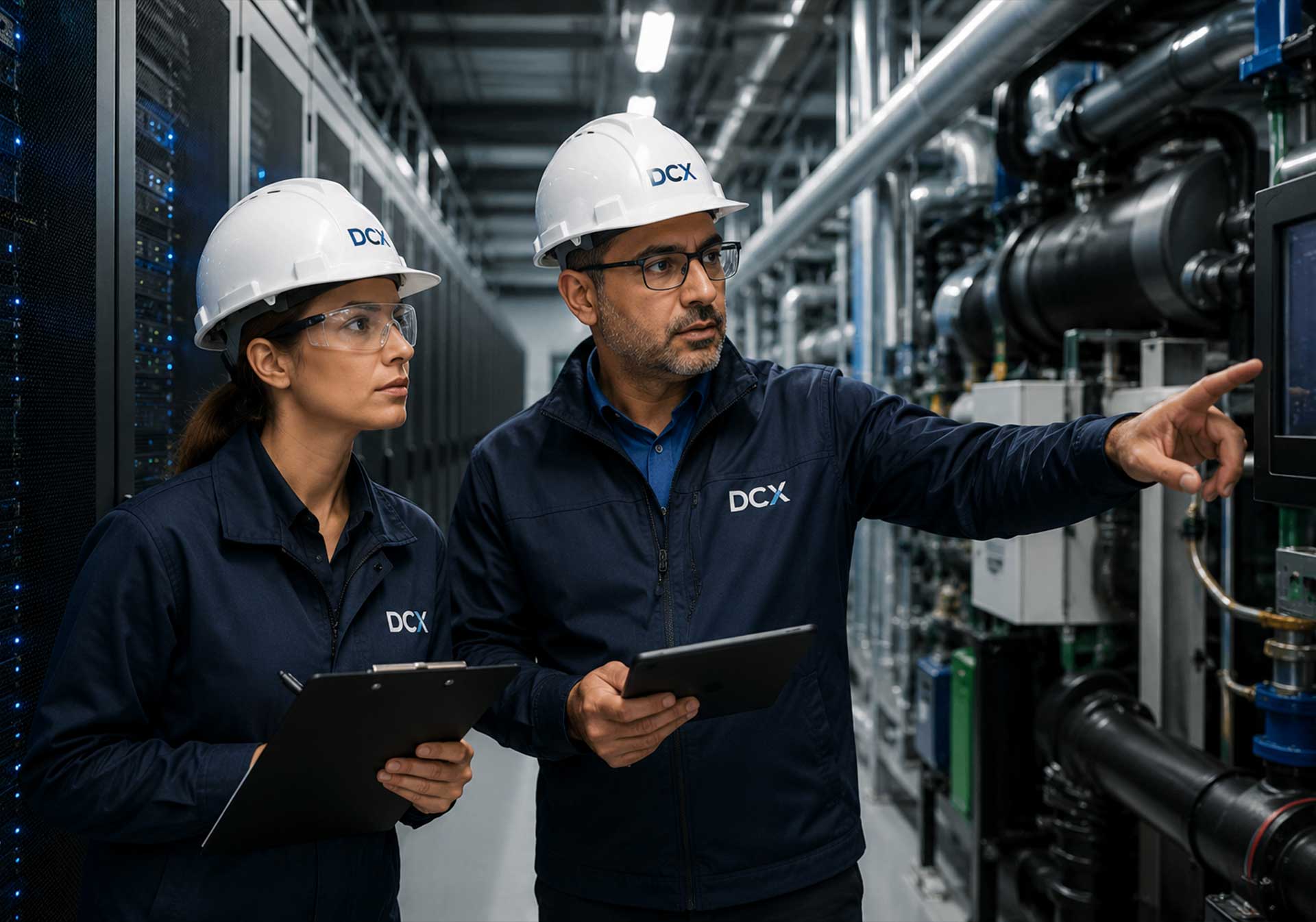 Mission-critical infrastructure engineers inspecting AI-ready cooling, power and data center systems in an enterprise industrial facility.
