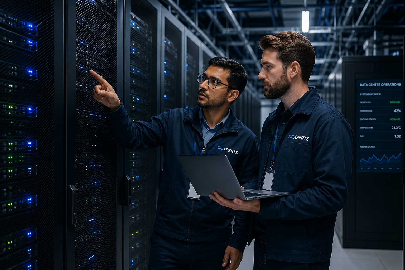 Engineers inspecting mission-critical data center infrastructure and enterprise server systems for operational continuity and AI-ready environments.